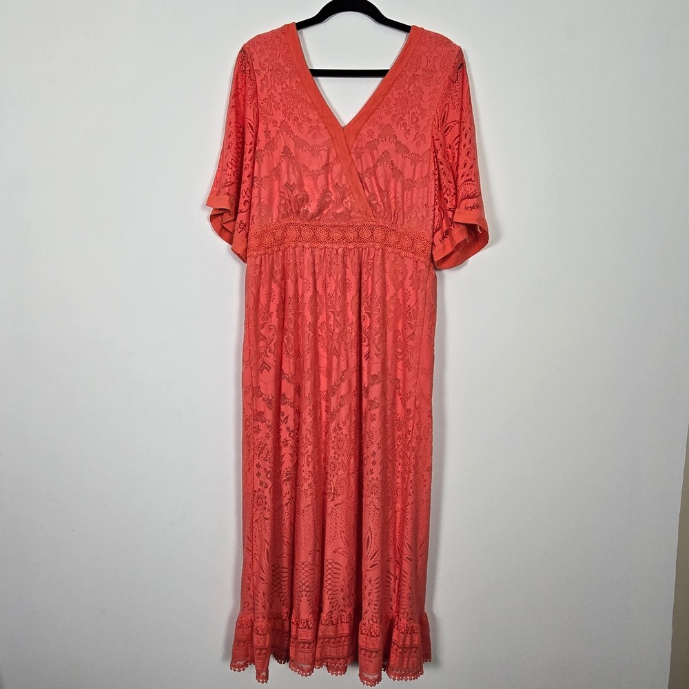 Farm Rio Anthropologie Maxi Dress Womens L Coral Lace Boho Tropical Whimsigoth - Picture 3 of 11